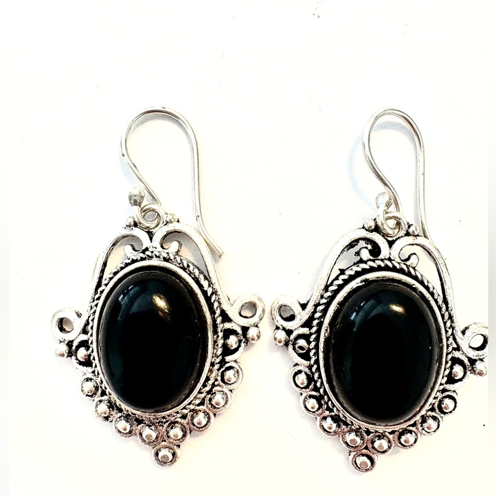 Beautiful, 1 1/2 inch, 925 marked, black Onyx earrings